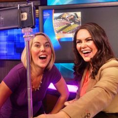 Chief Meteorologist Erin Yost (left) and Ariana Lake (right)  on set before their 5:30 show on selfie sticks at Griz games.  